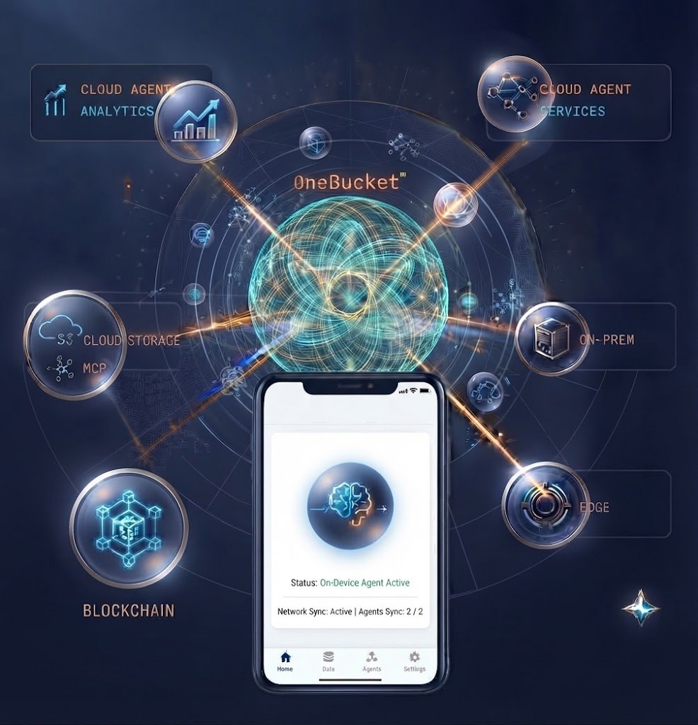 Feature diagram: a smartphone running an on-device agent sits beneath a glowing data sphere that connects it to cloud agents for analytics and services, and to cloud storage over S3 and MCP, on-prem systems, edge devices, and blockchain.